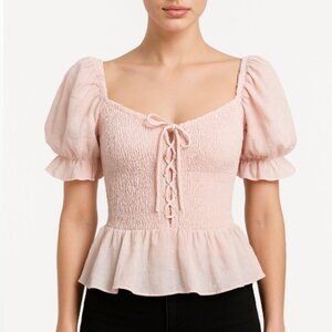 Lumiere Light Pink Smocked Lace-Up Peplum Blouse Size M NWT